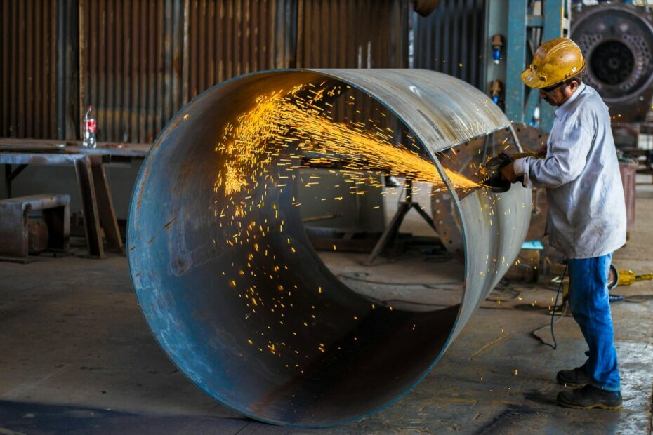 man wearing yellow hard hat holding angle grinder